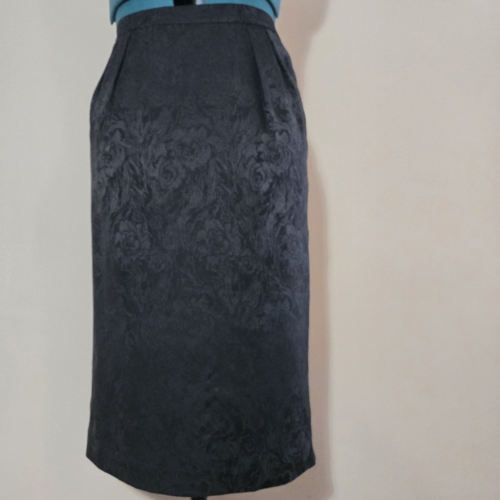 VTG 80s Nordstrom 100% Silk Jacquard Floral Midi Black Skirt w/ Slit Whimsigoth